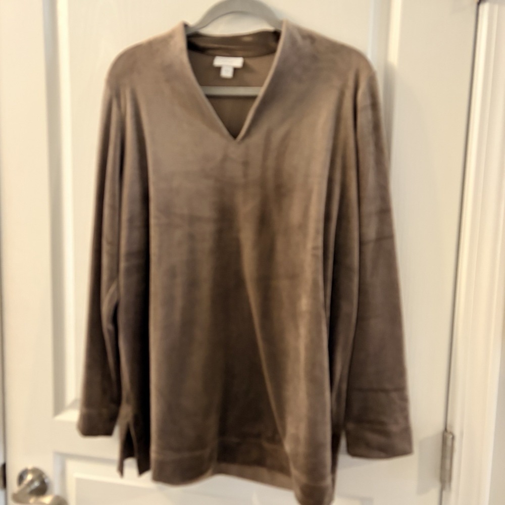 Pure Jill V Neck Side Slits Super Soft Velour Tunic Blouse Large